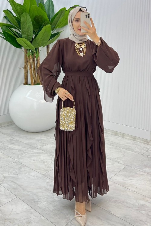 Kahve Premium Manolya Elbise Tesettür Giyim Kahverengi