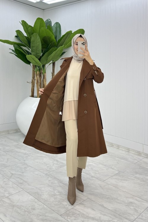 Kahve Premium Astarlı Eylem Trench Tesettür Giyim  Kahverengi
