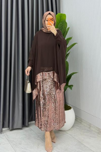 Kahve Premium Fatma Payetli Etek Takım Tesettür Giyim Kahverengi