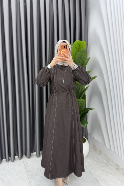 Kahve Premium Bağcıklı Kot Elbise Tesettür Giyim  Kahverengi