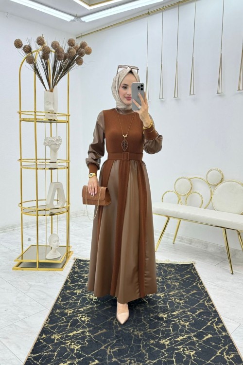 Kahve Prenses Deri Elbise Tesettür Giyim Kahverengi