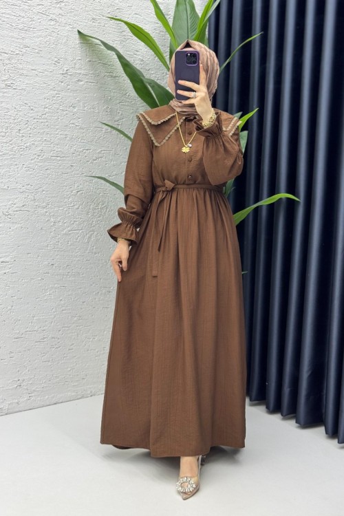 Kahve Sanem Elbise Tesettür Giyim Kahverengi