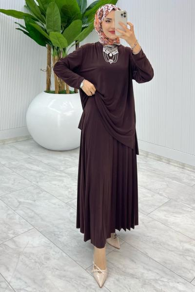 Kahve Şermin Etek Takım Tesettür Giyim Kahverengi