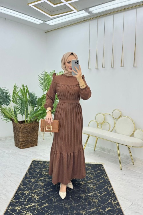 Kahve Şevval Piliseli Elbise Tesettür Giyim Kahverengi