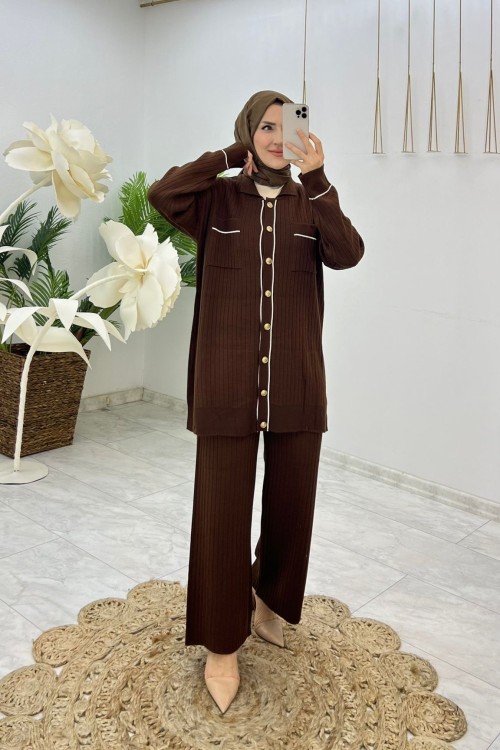 Kahve Seval Triko Takım Tesettür Giyim Kahverengi