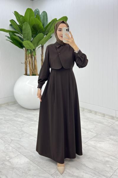 Kahve Sevgi Yelekli Elbise Takım Tesettür Giyim  Kahverengi