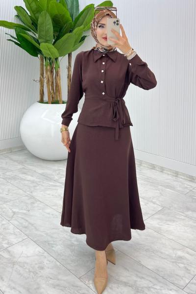 Kahve Şeyda Etek Takım Tesettür Giyim Kahverengi