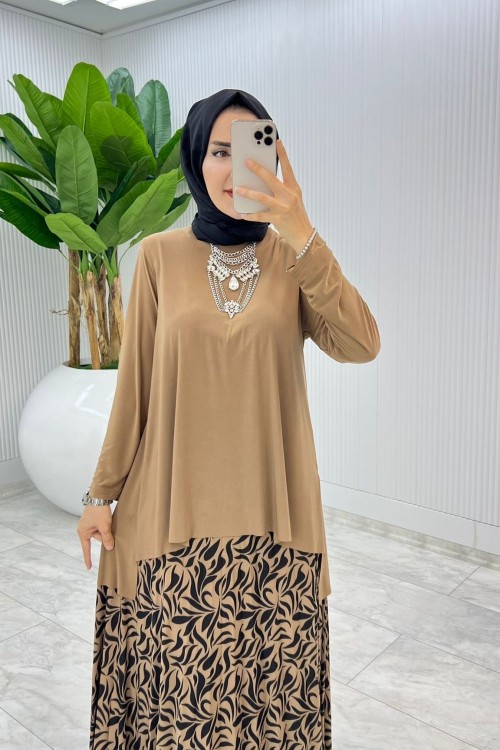 Kahve Su Damlası Etek Takım Tesettür giyim Kahverengi