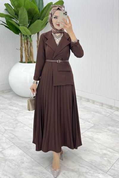 Kahve Tasarım Tuana Elbise Tesettür Giyim Kahverengi