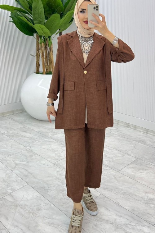 Kahve Tek Düğme Ceket Takım Tesettür Giyim Kahverengi