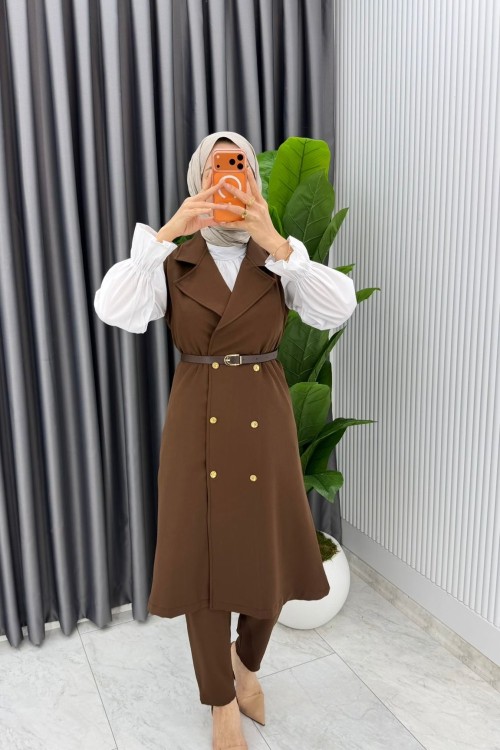Kahve Tuğba Kemerli Yelek Takım Tesettür Giyim  Kahverengi