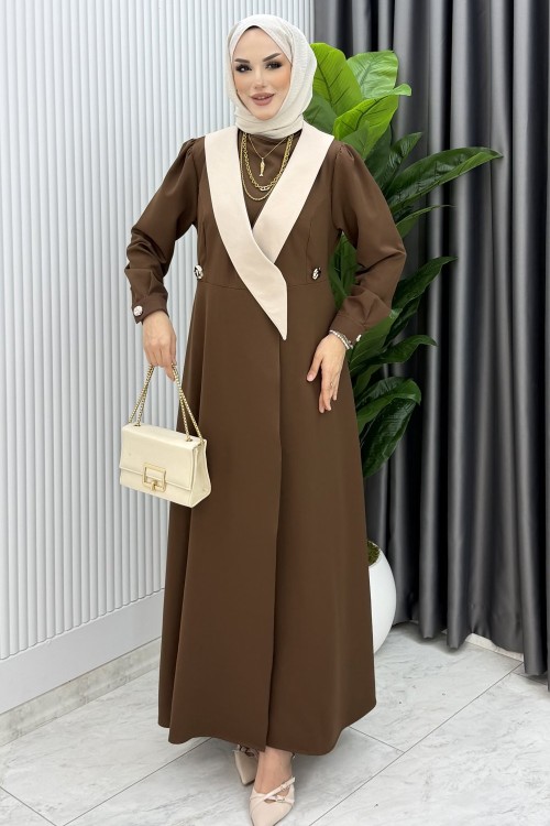 Kahve Yeşim Uzun Ceket Kap Ferace Tesettür Giyim Kahverengi