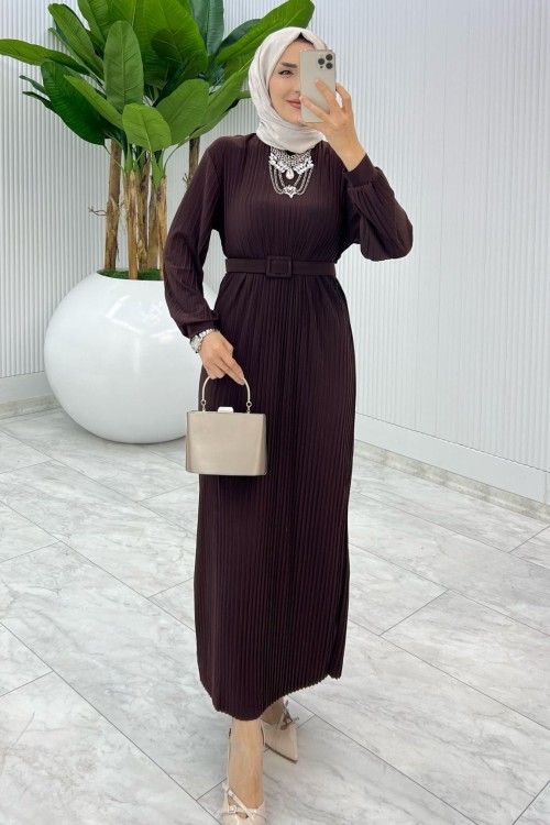 Kahve Yıldız Elbise Tesettür Giyim Kahverengi
