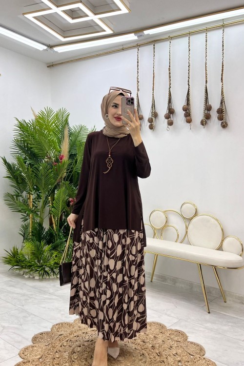 Kahve Yüsra Etek Takım Tesettür Giyim Kahverengi