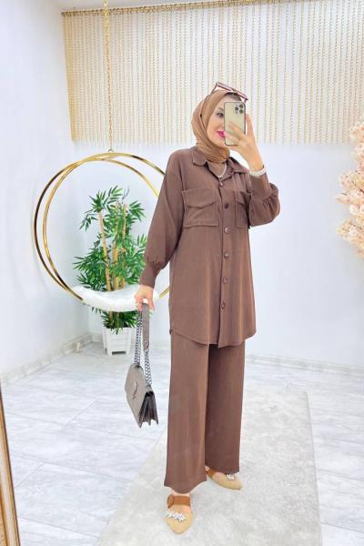 Kahverengi Esra Takım Tesettür Bürümcük Kumaş Büyük Beden Seçeneği Kahverengi