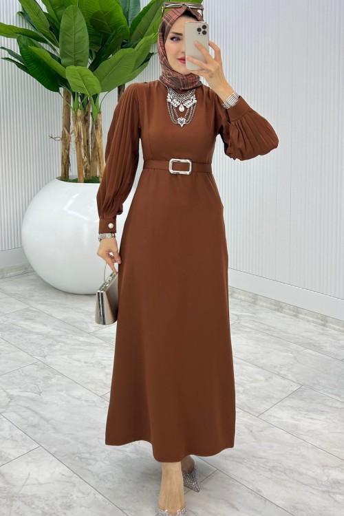 Kahverengi Kalem Elbise Tesettür Giyim Kahverengi
