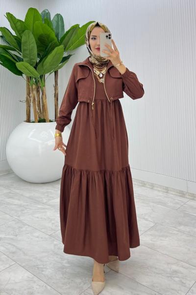 Kahverengi Hicran Elbise Takım Tesettür Elbise  Kahverengi