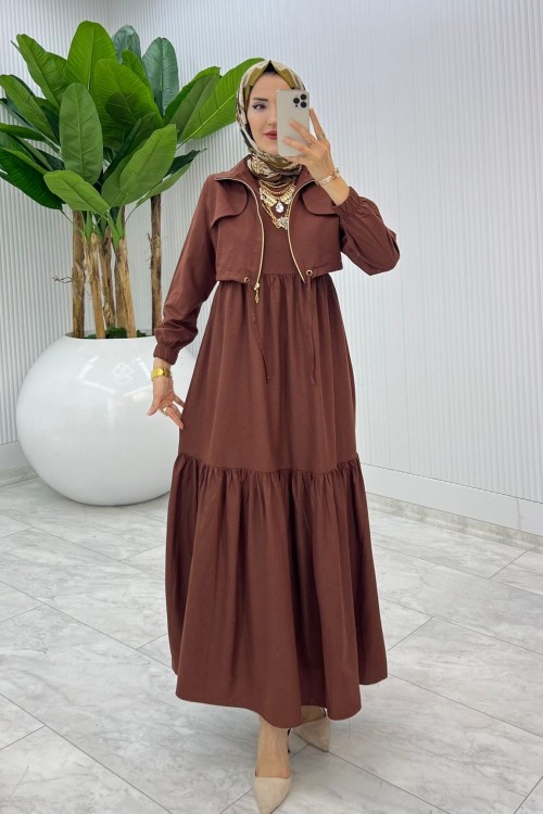 Kahverengi Hicran Elbise Takım Tesettür Elbise  Kahverengi