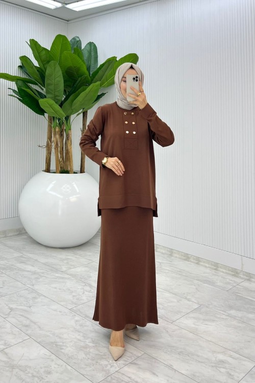 Kahverengi Premium Asiye  Triko Etek Takım  Kahverengi