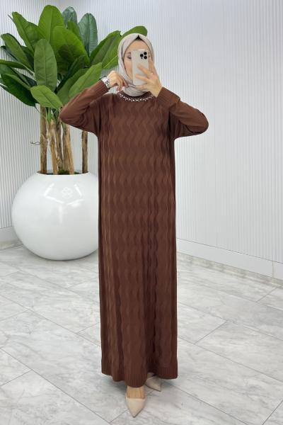 Kahverengi  İzel Triko Elbise Tesettür Giyim  Kahverengi