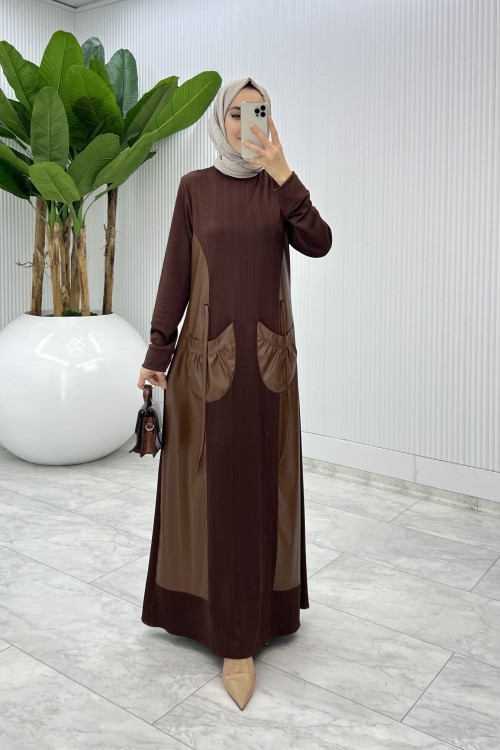 Kahverengi  Asya Deri Cepli Elbise Tesettür Giyim  Kahverengi
