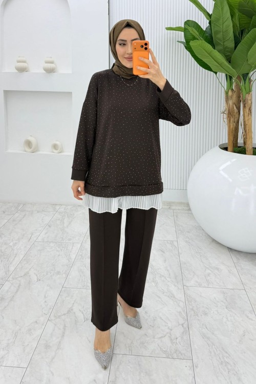 Kahverengi Taşlı Oysho Takım Tesettür Giyim  Kahverengi