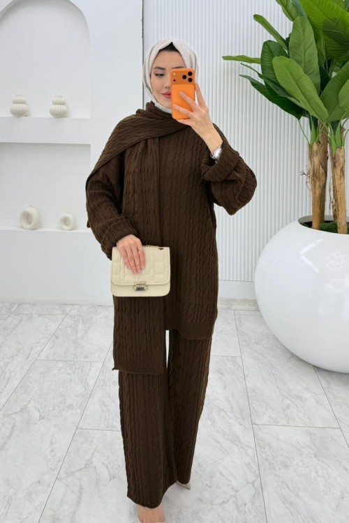 Kahverengi Premıum Atkılı Triko Takım Tesettür Giyim  Kahverengi