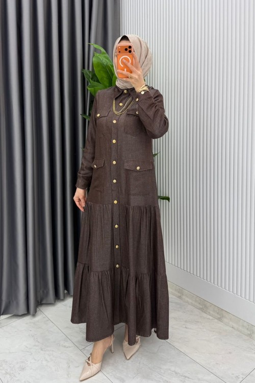 Kahverengi   Kemerli Eslem Kot Elbise Tesettür Giyim Kahverengi