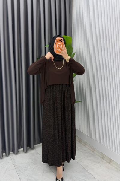 Kahverengi Günay Elbise Tesettür Giyim  Kahverengi