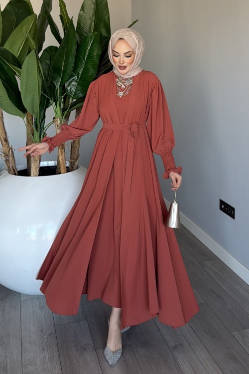 Kiremit  Meşk Abaya Takım Tesettür Giyim  Kiremit