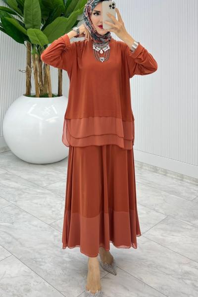 Kiremit Premium Aksu Etek Takım Tesettür Giyim Kiremit