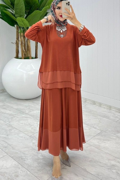 Kiremit Premium Aksu Etek Takım Tesettür Giyim Kiremit