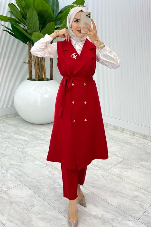 Kırmızı Broşlu Ala Yelek Takım Tesettür Giyim Kırmızı