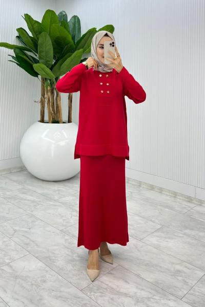 Kırmızı Premium Asiye  Triko Etek Takım  Kırmızı