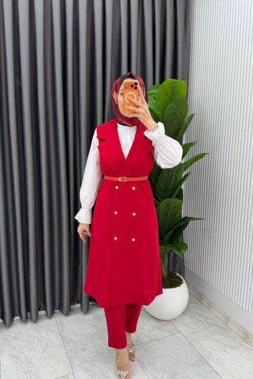 Kırmızı Tuğba Kemerli Yelek Takım Tesettür Giyim  Kırmızı