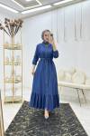 Koyu Mavi Bağcıklı Kot Elbise