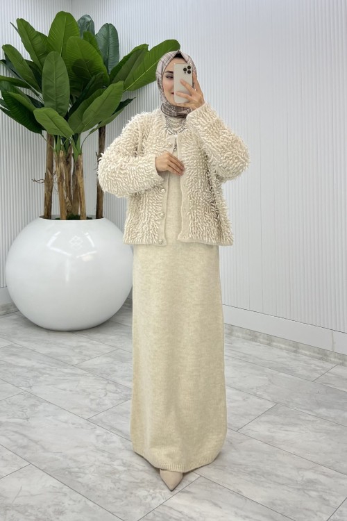 Krem Başak Triko Takım Tesettür Giyim  Krem