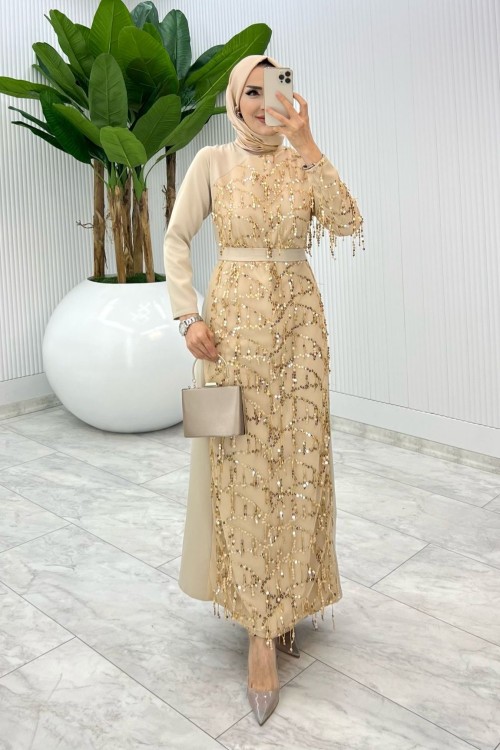 Krem Bihter Tasarım Elbise  Tesettür Giyim Krem