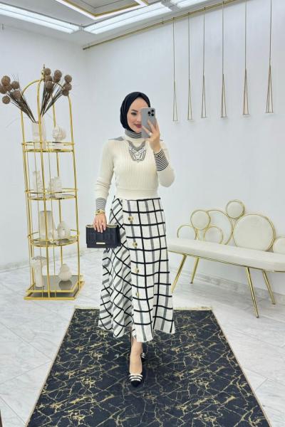 Krem Ekose Triko Takım Tesettür Giyim  Krem