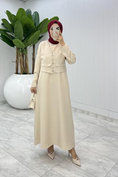 Krem  Hasibe Elbise Takım Tesettür Giyim  Krem