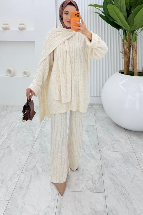 Krem Premıum Atkılı Triko Takım Tesettür Giyim  Krem