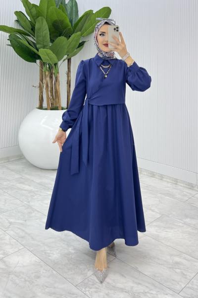 Laci Bağlamalı Elbise Tesettür Giyim  Lacivert