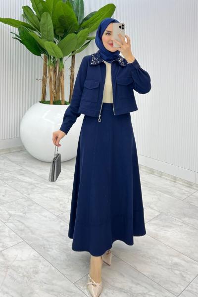 Lacivert Peyda Premium Etek Takım Tesettür Giyim Lacivert