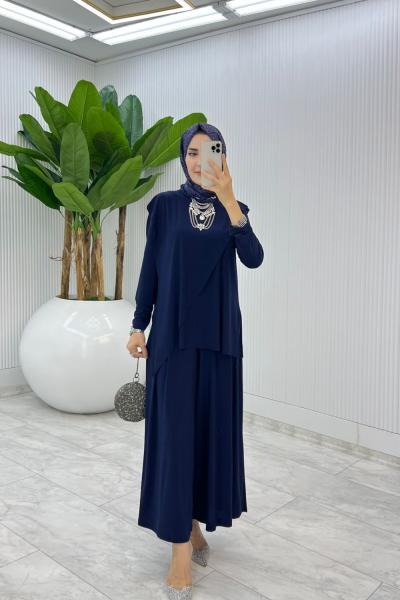 Lacivert Asimetrik Takım Tesettür Giyim Lacivert