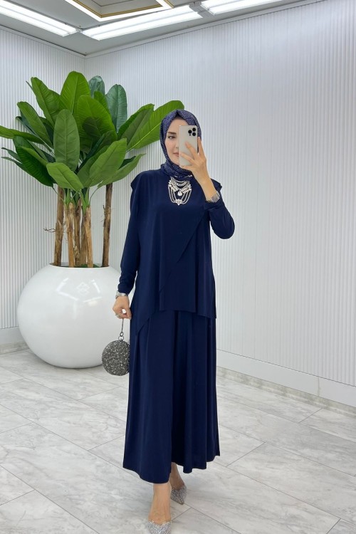 Lacivert Asimetrik Takım Tesettür Giyim Lacivert
