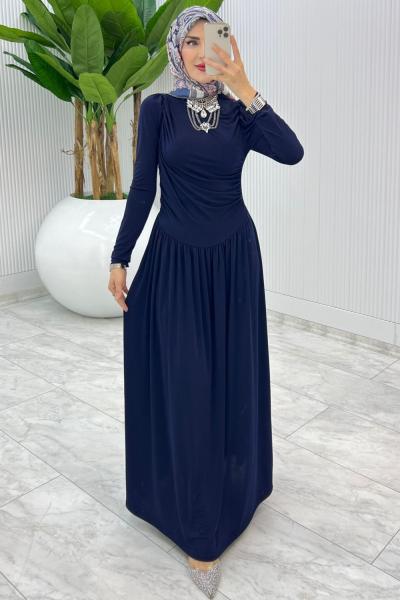 Lacivert Büzgü Sendi Elbise Tesettür Giyim Lacivert
