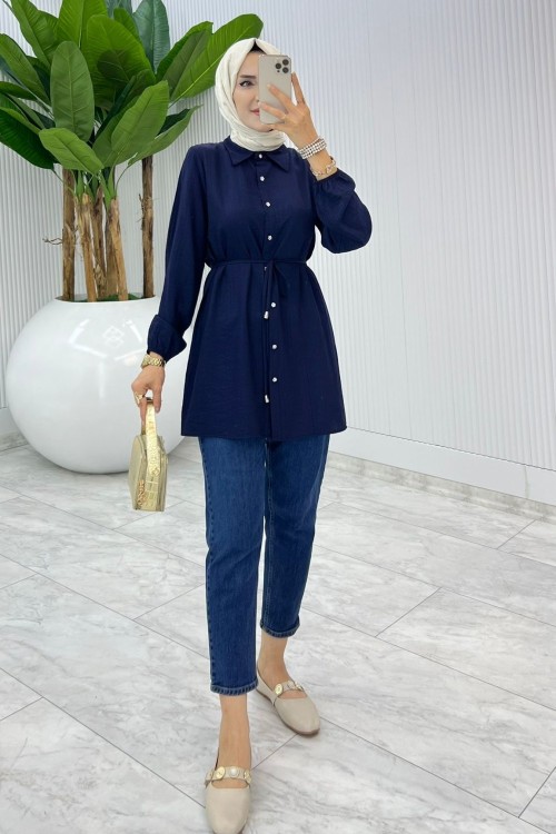 Lacivert Bağcıklı Gömlek Tesettür Giyim Lacivert