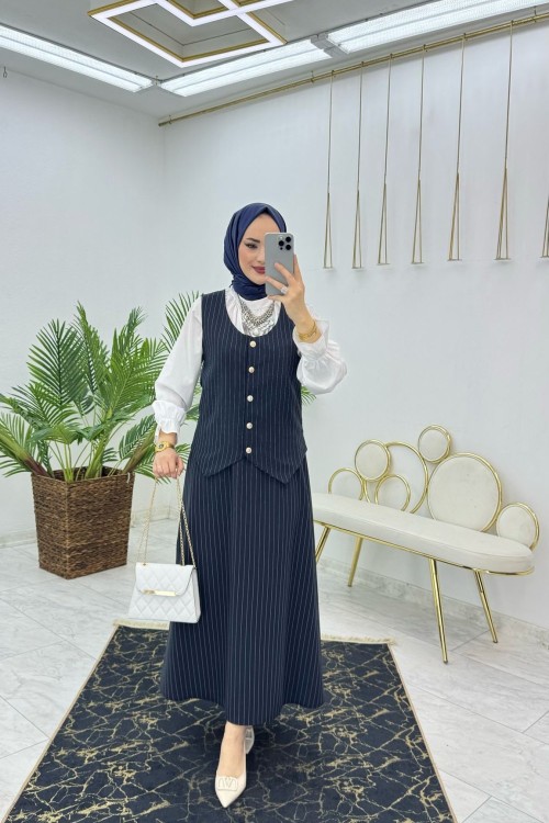 Lacivert Efsun Etek Takım Tesettür Giyim Lacivert