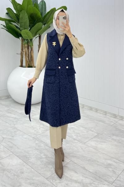 Lacivert Fidan Channel Yelek Broş Hediyeli  Lacivert