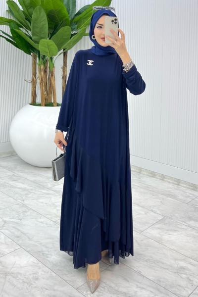 Lacivert Broşlu Gülşah Elbise Tesettür Giyim Lacivert